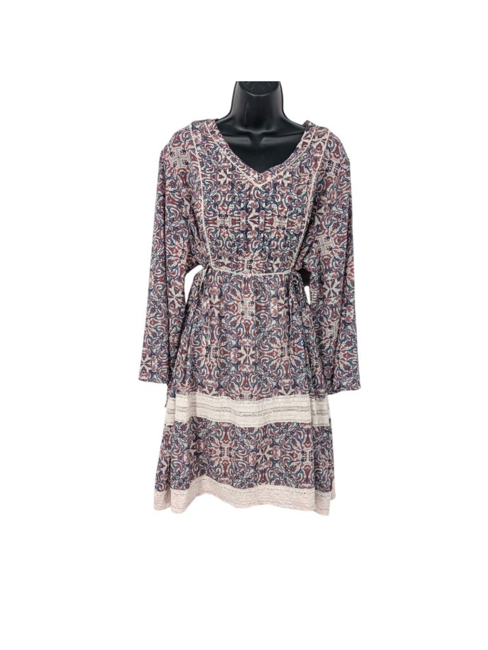 Mimi Chica Boho‎ Prairie Dress Cottage Paisley Tie Waist Lace Trim Slip XXLarge